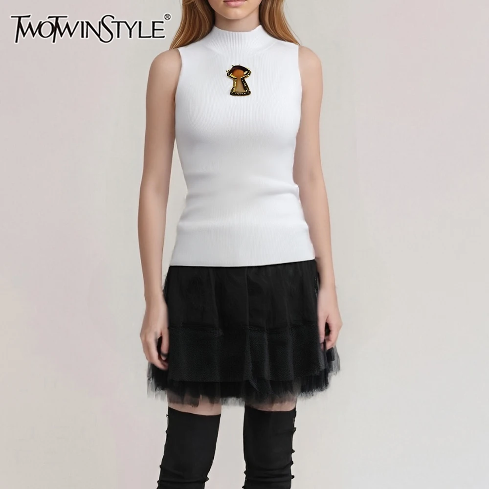 

TWOTWINSTYLE Slimming Spliced Metal Ring Minimalist T Shirts for Women High Neck Sleeveless Fashion T Shirt Female Clothing New