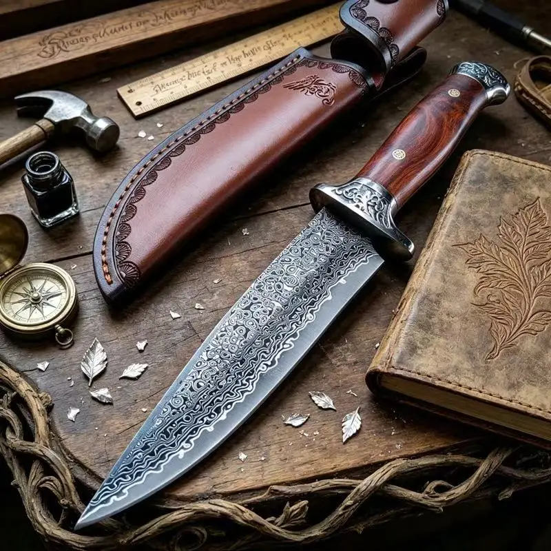Handmade Damascus Pattern Multi-purpose Cooking Knife with Leather Sheath, Solid Wood Handle Outdoor BBQ Fruit Meat Cutting Coll