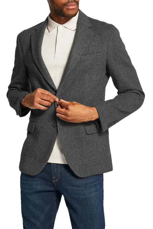 Men\'s Herringbone Tweed Blazer Notch Lapel Jacket 2 Buttons Casual Sport Coat Wedding Business Groomsmen Prom Party Jackets