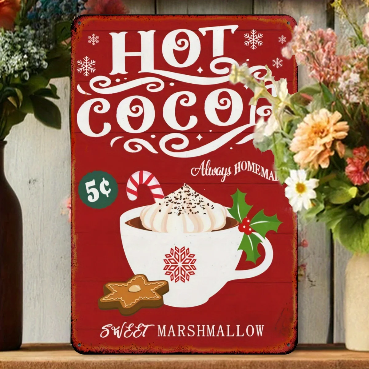 2D Flat, 1pc Vintage Christmas Hot Cocoa Metal Wall Art Sign - 20.32x30.48 cm Rustic Iron Holiday Decoration with Sweet Marshmal