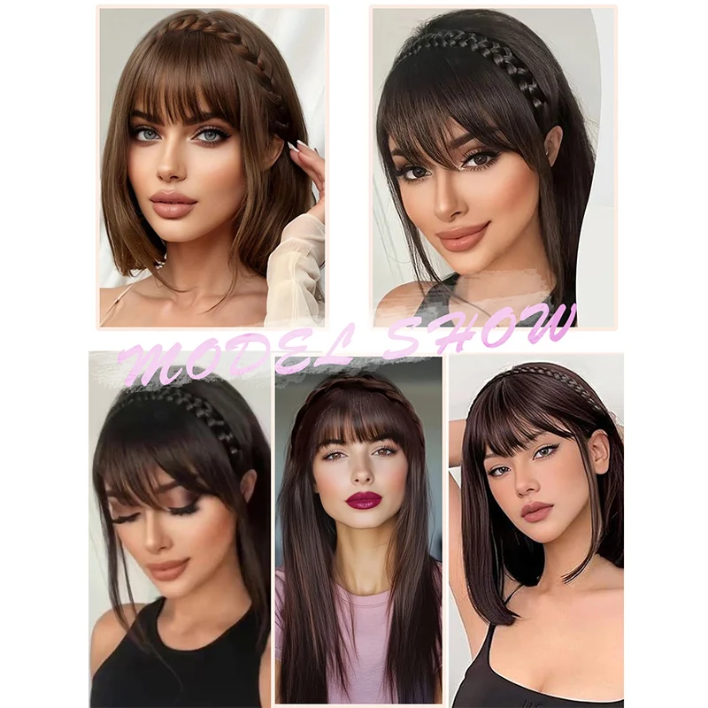 Peluca sintética con flequillo y patillas, diadema trenzada a la moda, diadema trenzada para mujer, extensión de cabello, pelucas trenzadas con flequillo