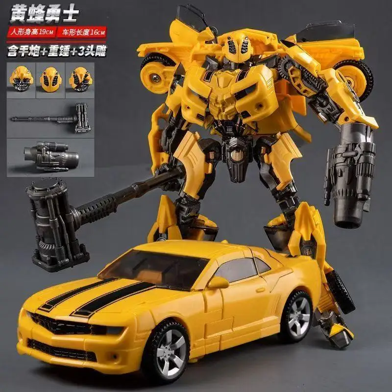 Bumblebee Warrior Deformation Robot Action Figure 2-In-1 Yellow Sports Car Mode 19Cm with Heavy Hammer Hand Cannon 3 Replaceable