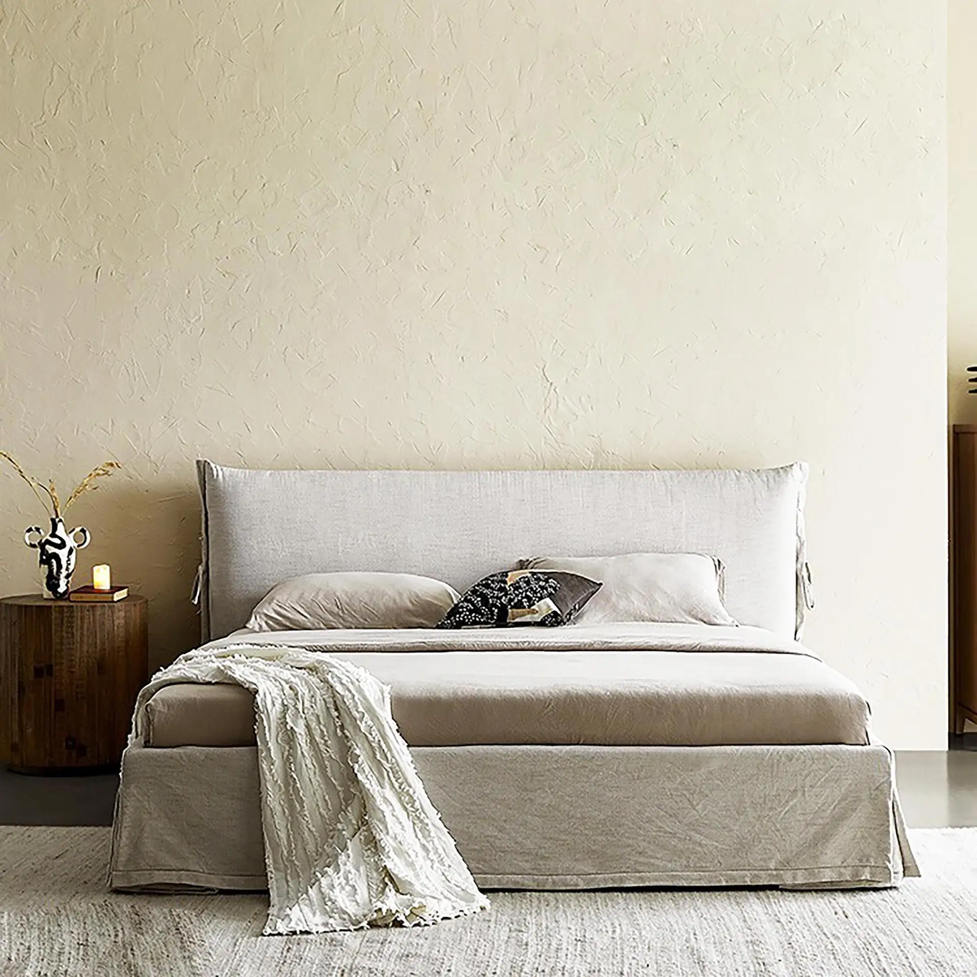 

Nordic simple linen fabric double bed master bedroom soft bag wabi sandy wind removable and washable