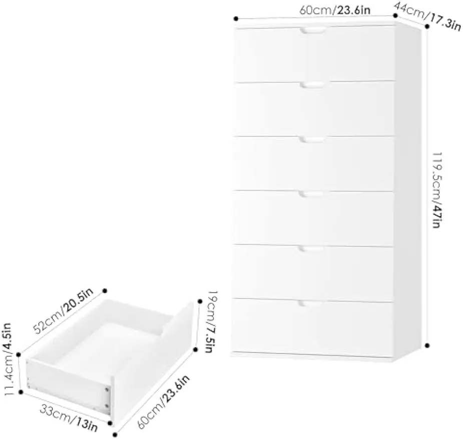 White Tall Dresser com 6 gavetas, Modern Wood Chest of Drawers, 6 gaveta Dresser com grande capacidade, 15,7 "x 23,6" x 47"