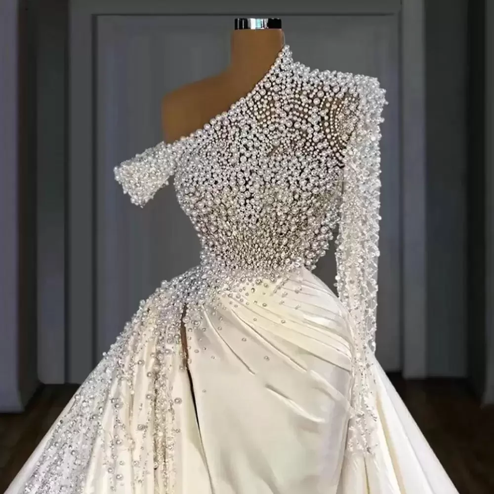 Robe de Mariée Luxueuse Blanche en Satin avec Perles et Traîne, Sirène, Sur Mesure, Élégante, Exquise