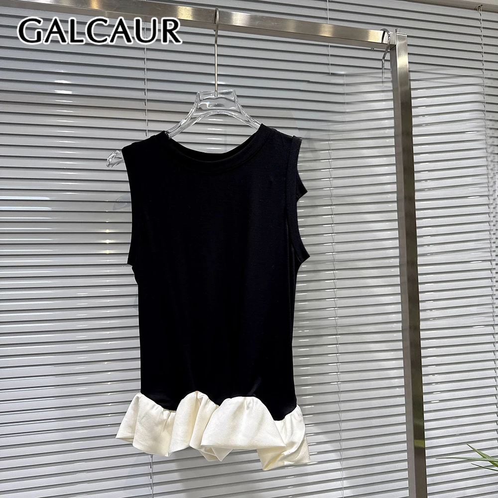 

GALCAUR Solid Loose Elegant Two Piece Sets for Women Round Neck Sleeveless Top Patchwork Elastic Waist Skirt Set Female Fashion