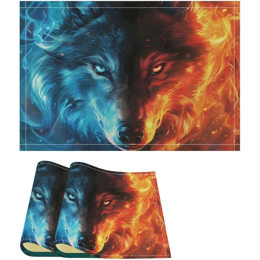 Flame Wolf Printed Linen Placemat Washable Dining Table Mats For Kitchen Party Holiday Decor 18