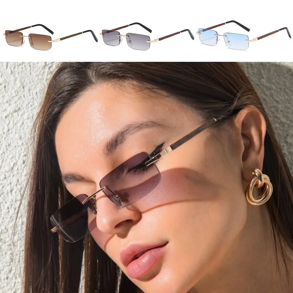 Trendy Rimless Wood Grain Leg Sunglasses Gradient Lens UV400 Protection Literary Sun Glasses Street Eyewear for Women