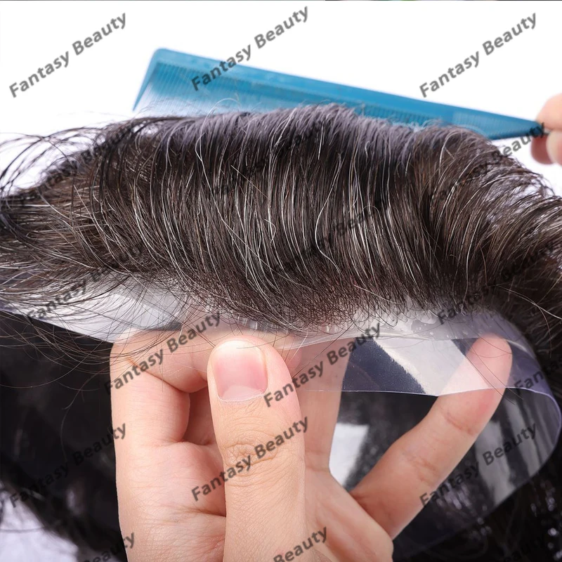 Système de prothèse capillaire en cheveux humains pour hommes, délié naturel, base pleine peau bouclée, perruque super durable, toupet gris, #240, 0.06mm