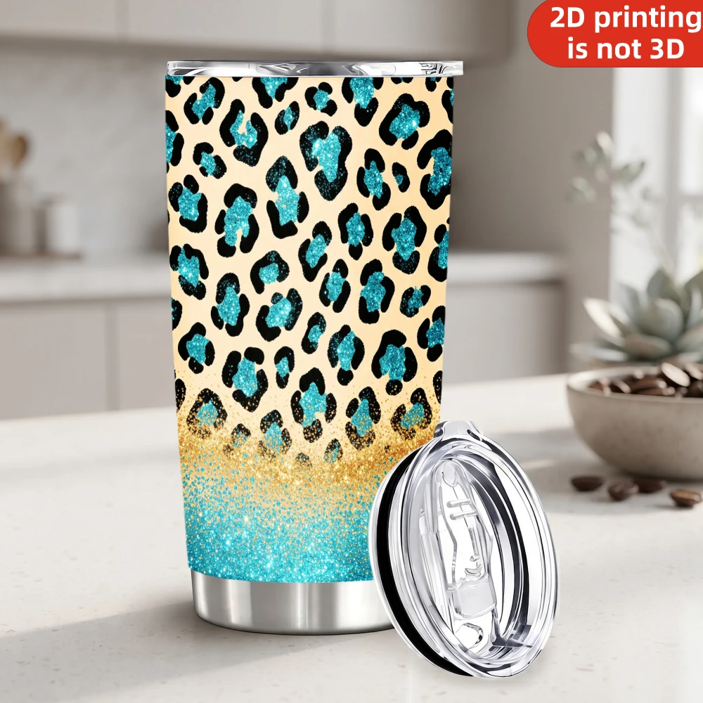 20oz Turquoise Gold Glitter Leopard Print Stainless Steel Tumbler with Lid and Straw, Tan Cheetah Spots Sparkle Gradient Vacuum Insulated Travel Coffee Mug Gifts