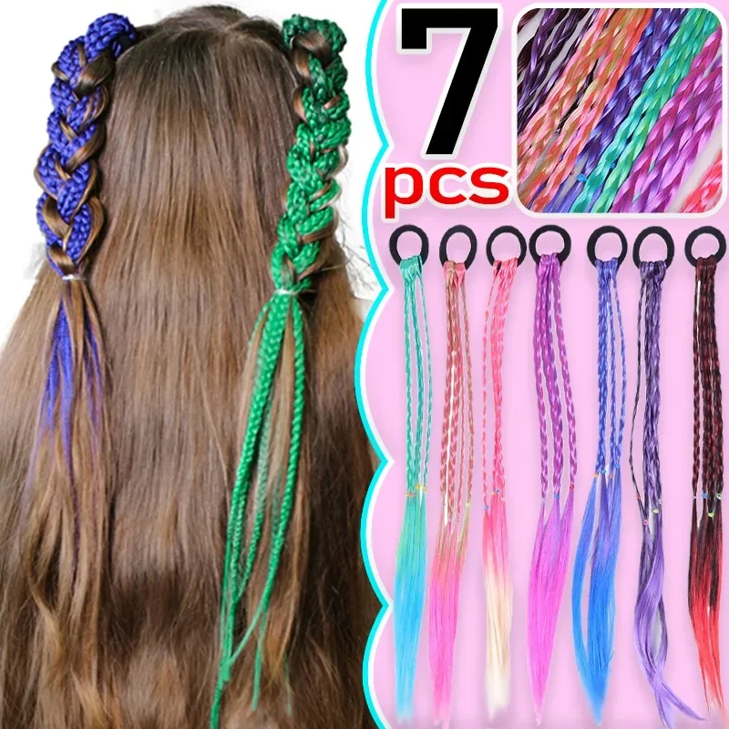 Trenzas de peluca coloridas para mujer, lazos para el cabello, banda de goma resistente al calor, coleta realista para niñas, tocado suave y largo, accesorios para el cabello