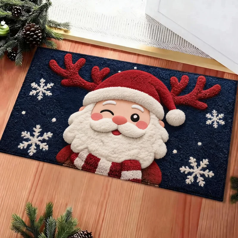 VIKAMA Snowman Christmas Door Mat Blue Snowflake Print Non Slip Rug For Entryway Front Door Indoor Outdoor Winter Decor