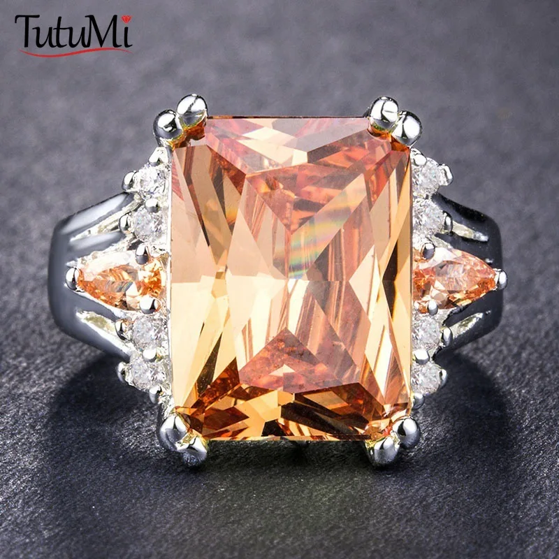 

S925 Silver Fashion Square Shape Champagne Big Crystal Designer Hyperbole Ring for Women Engagement Wedding Stone Rings