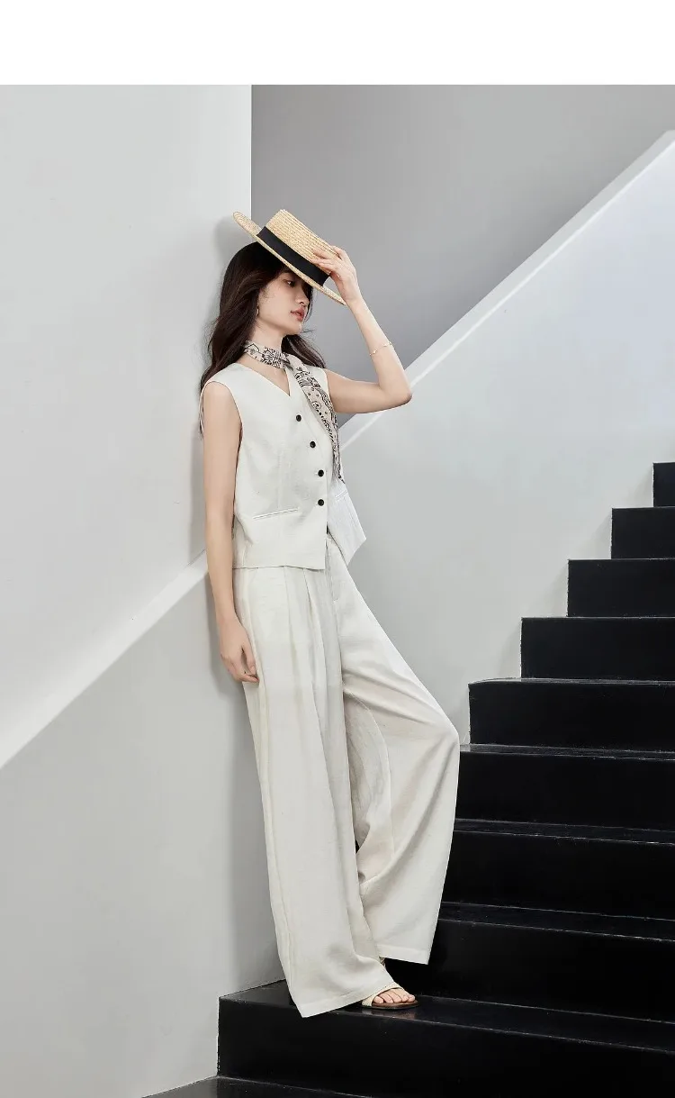 SENTUBILA Office 2 Piece Pant Set 2026 Women Linen Blend Summer Suit V Neck Waistcoat Wide Leg Baggy Pant Print Scarf 162ZA5663Z