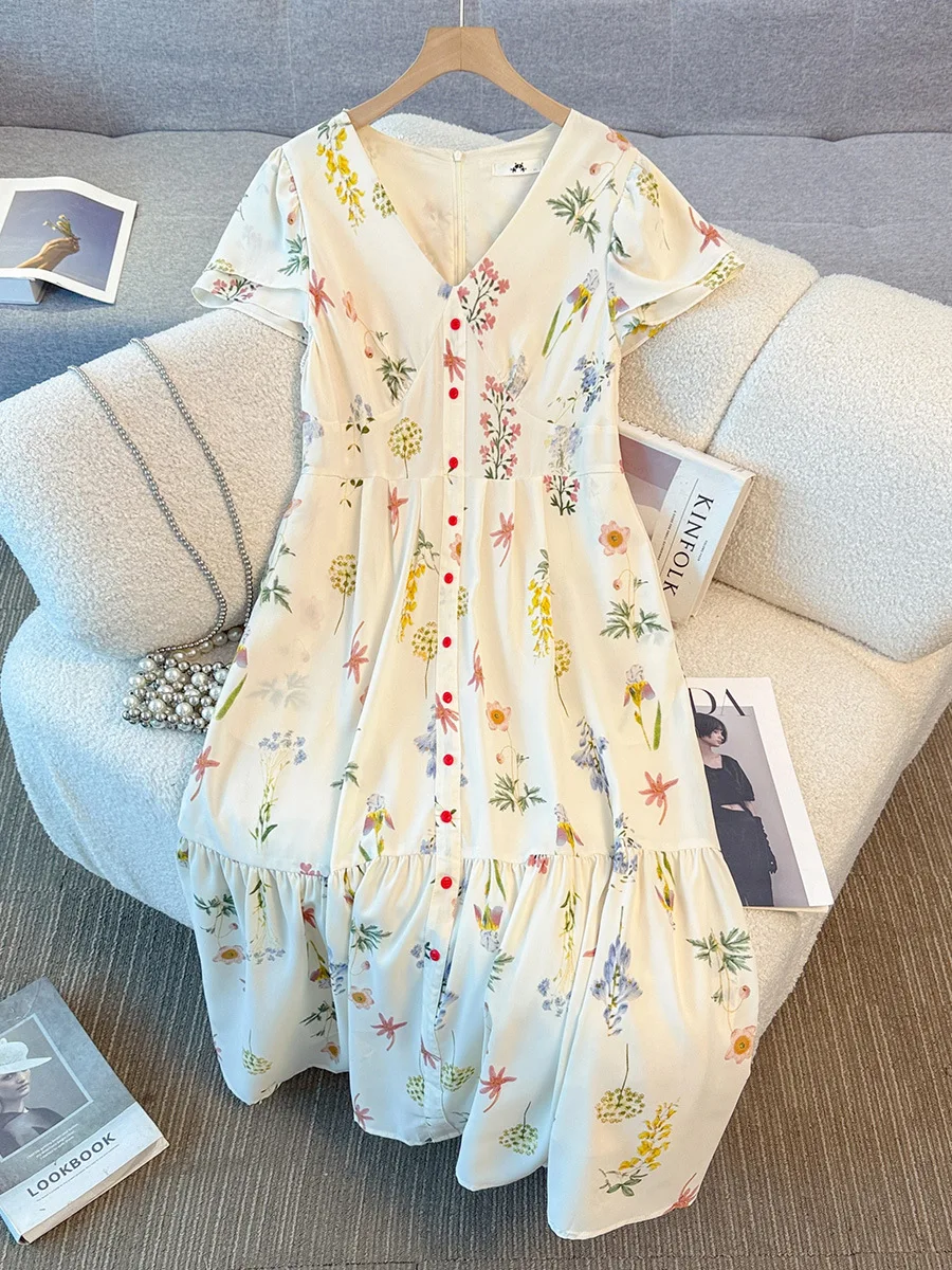 

Летнее женское платье больших размеров (до 150 кг) с цветочным принтом, V-образным вырезом и коротким рукавом, в нежном и элегантном стиле, размеры 5XL, 6XL, 7XL, 8XL, 9XL