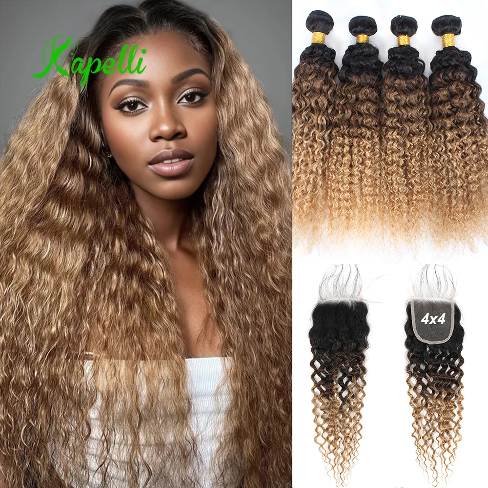 Curly Blonde Bundles Human Hair With Closure 1B/27 Ombre Human Hair Extensions For Women Colored Water Wave Bundles and Closure