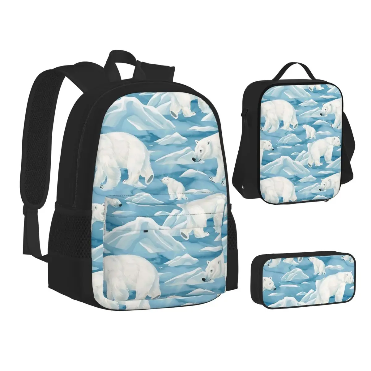 

Polar Bear Mother And Cub Backpacks Boys Girls Bookbag School Bags Children Rucksack Lunch Bag Pen Bag Three-Piece Set