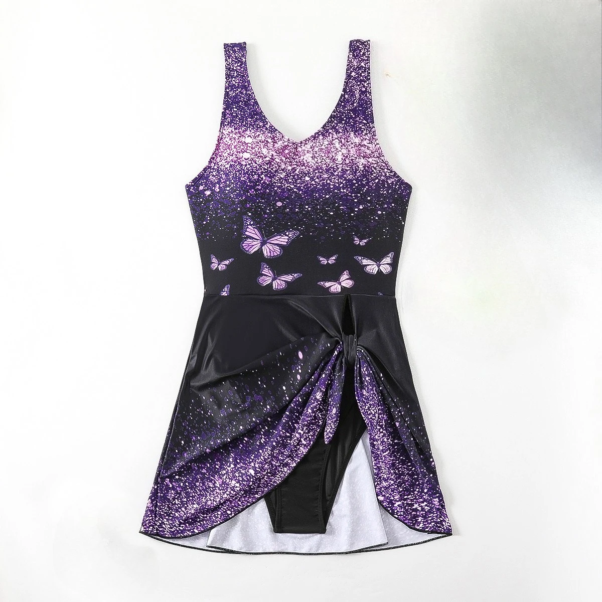 Women Purple Butterfly Print Skirted One Piece Swimsuit V Neck Sleeveless Side Tie Swim Dress Bathing Suit