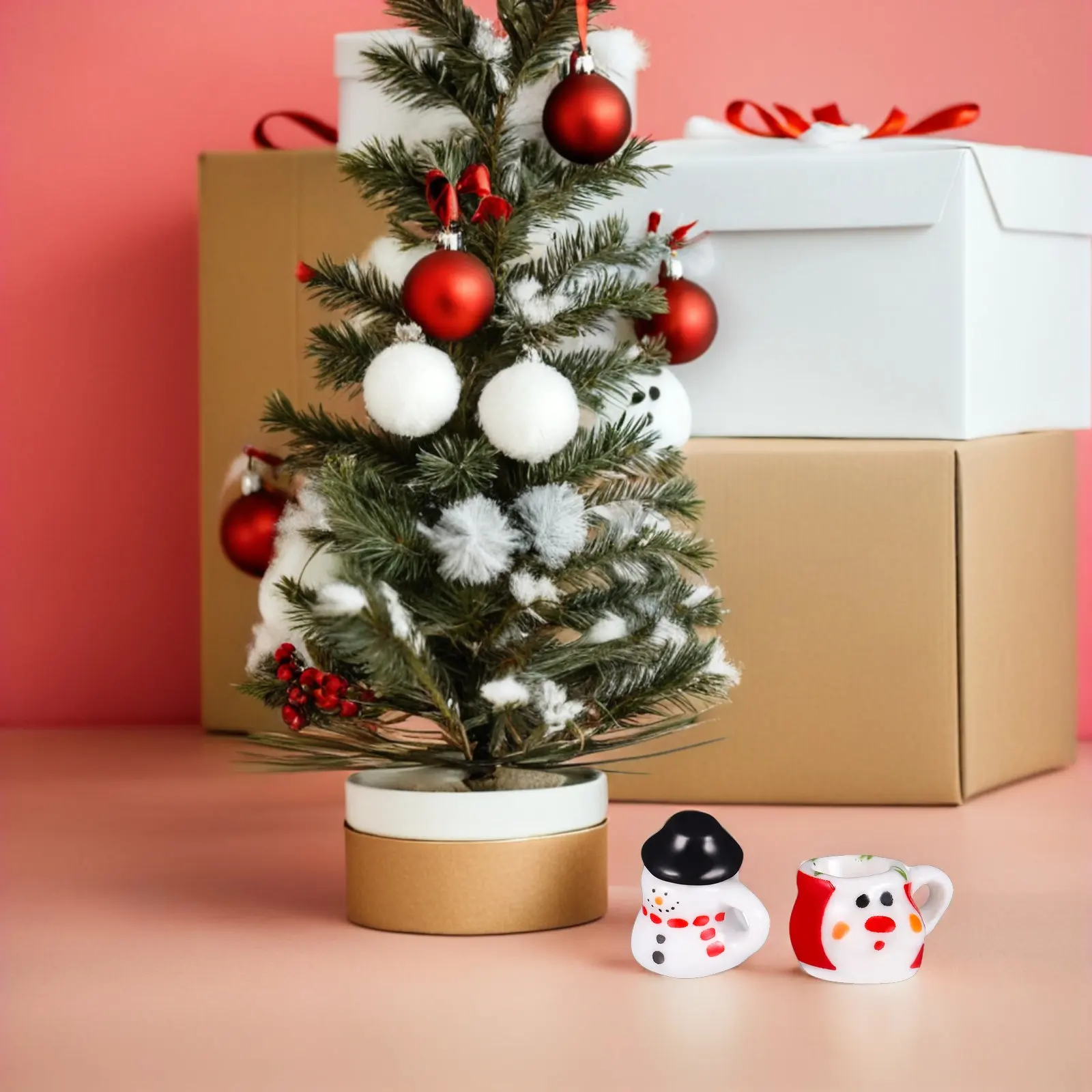 

2 набора миниатюрных керамических чайных сервизов в форме снеговика для кукольного домика, маленькие фарфоровые чашки для ролевых игр, кухонные миниатюры