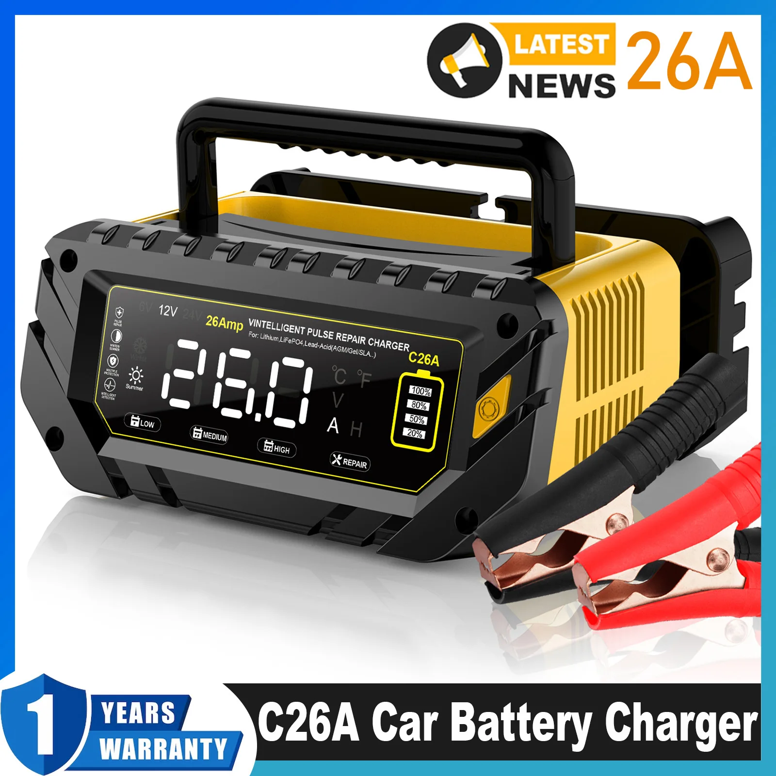 

2025 26A Car Battery Charger 6V/12V/24V LiFePO4 Car Charger for Lithium AGM GEL Lead-Acid Battery Charger for Car Motorcycle