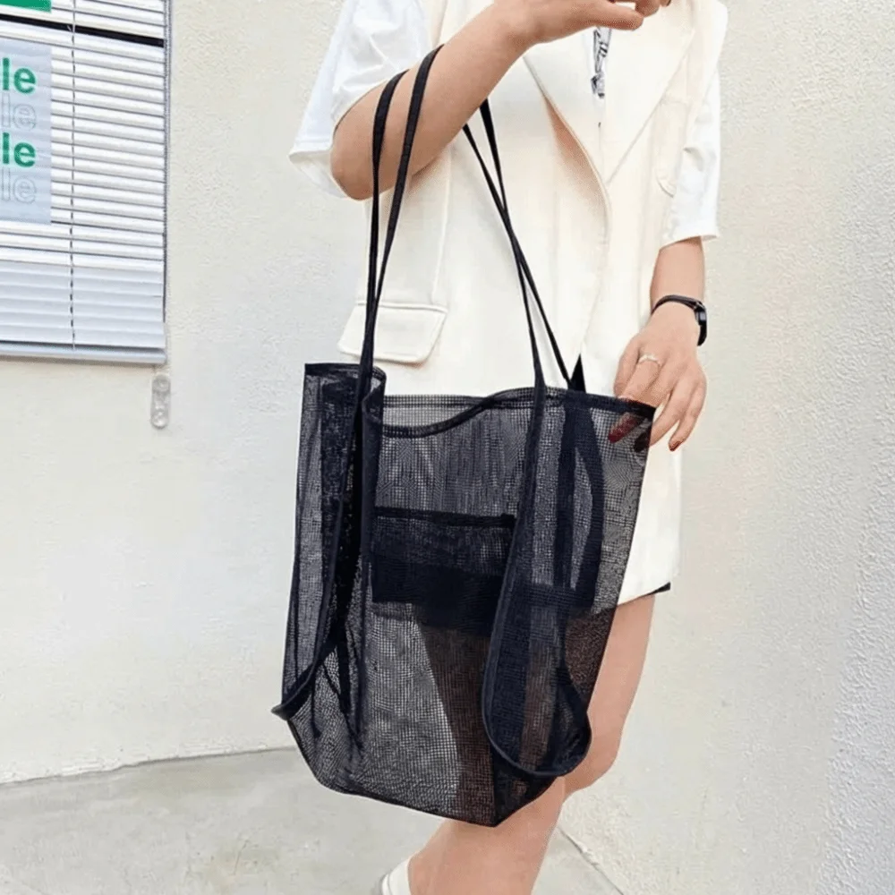 

Pouches Bag Organizer Nylon Mesh Shoulder Bag Pockets Large Capacity Beach Handbag Foldable Transparent Hollow Tote Bag Women