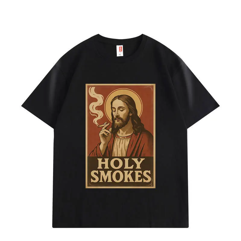 

Holy Smokes Smoking Jesus Graphic T Shirts Fashion Vintage Short Sleeve T-shirt Men Women Clothing High Quality Cotton T-shirts