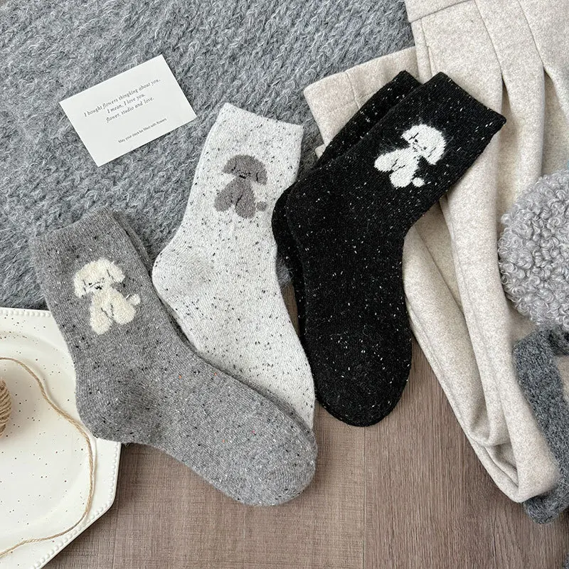 3 Paar verdickte Wollsocken mit Plüsch-Hund- und Punktgarn für Herbst und Winter, Wärme, mittlere Röhre, Damensocken, Grau, Grau, koreanische Version