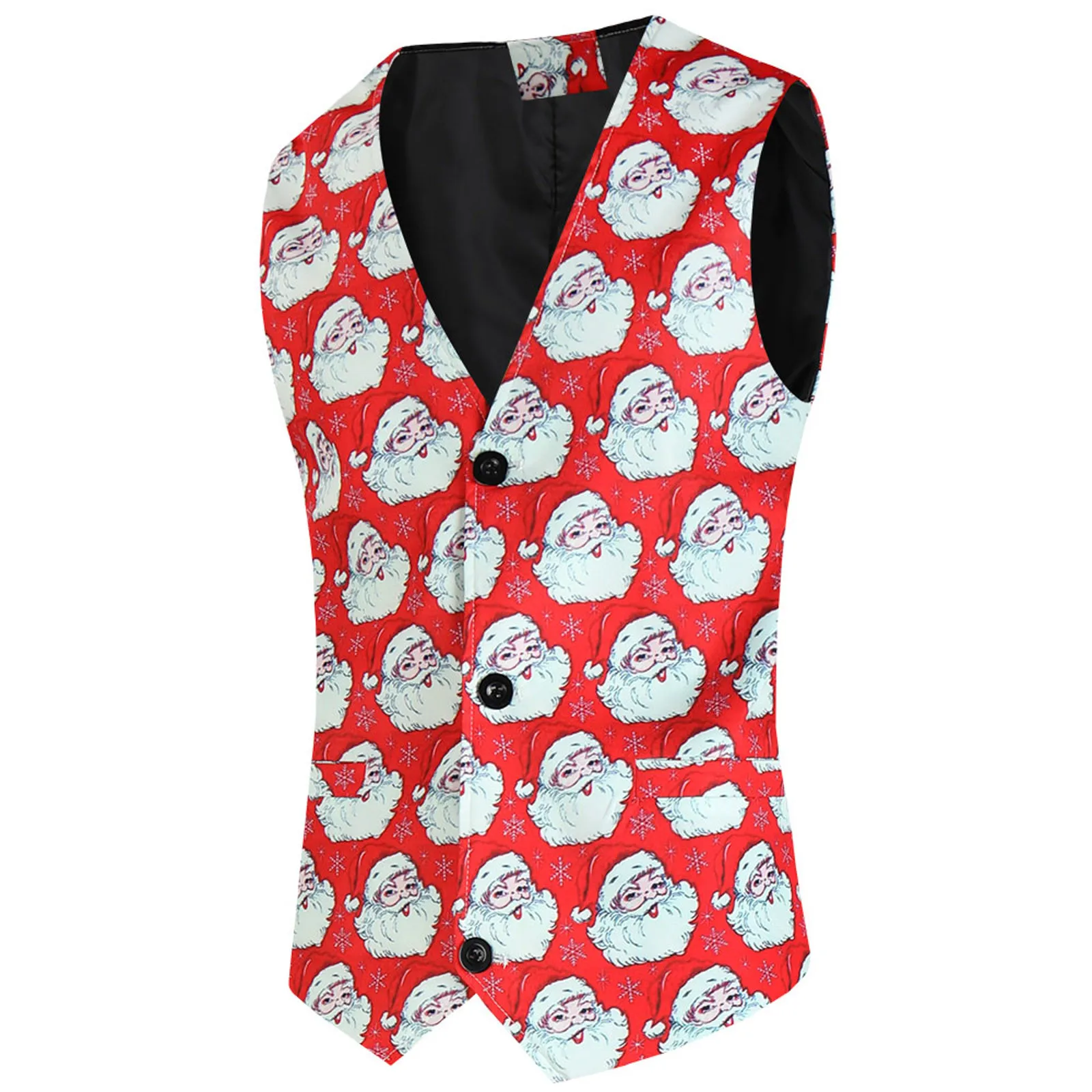 Christmas Theme Printed Pocket Single Breasted Vest Jacket Men Sleeveless V Neck Blazer Winter Fashion Slim Fit Suit Vest