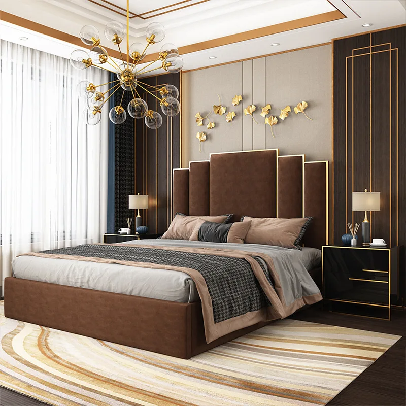 Luxury technology cloth bed Modern simple high back leather metal storage double marriage bed Master bedroom 1.8 solid wood bed