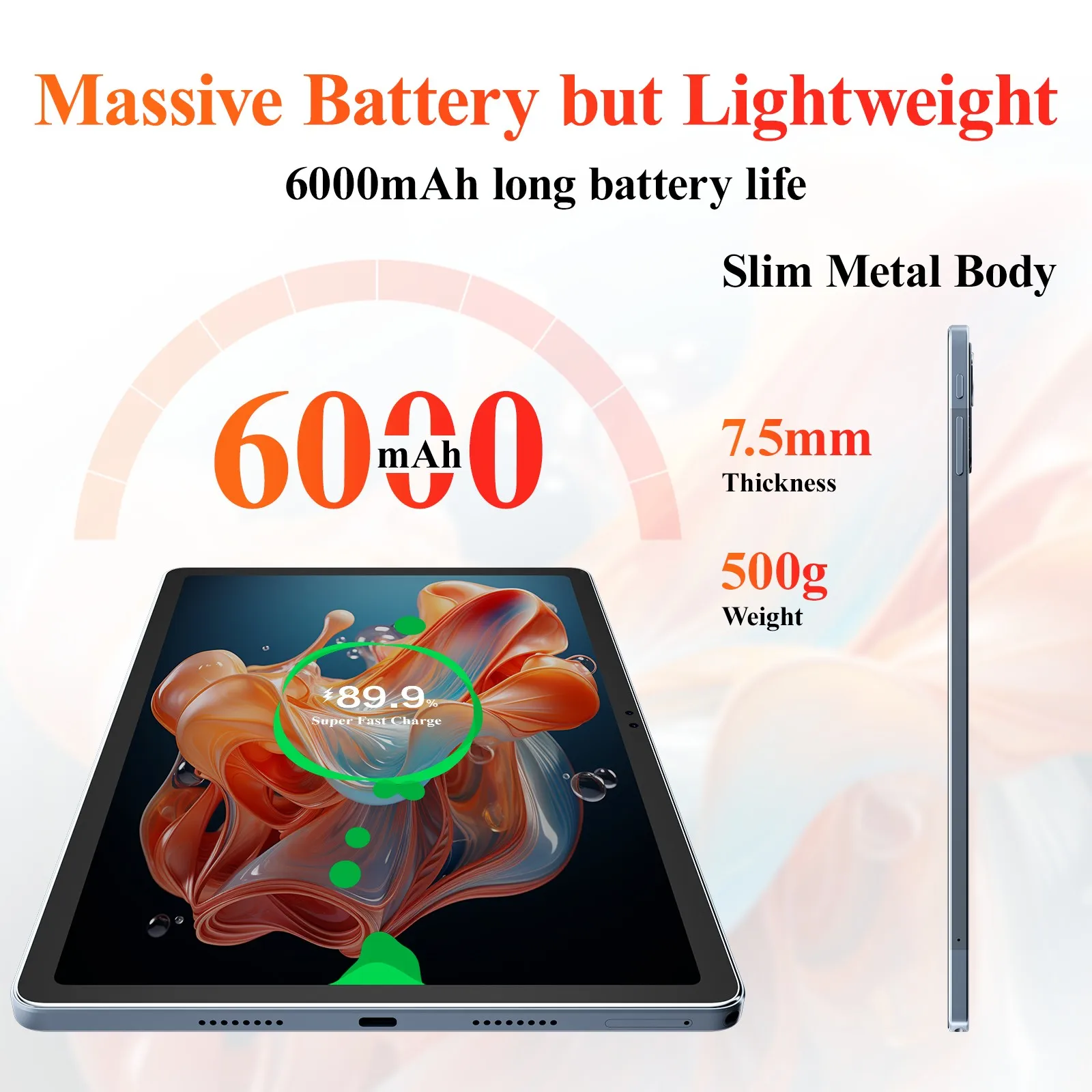 SUXI A9 Tablet Android 14 de 11 polegadas – 14 GB de RAM (6 + 8) + 256 GB, 4G LTE + WiFi duplo, bateria de 6000 mAh, leve e potente para Stu