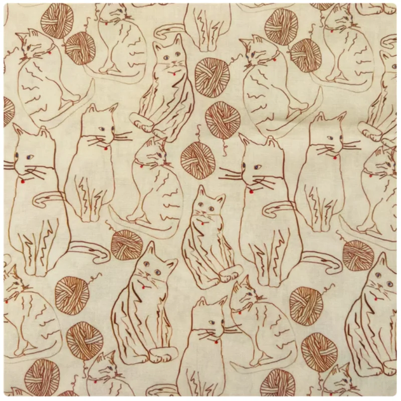 Retro Thread Ball Cat Print Pure Cotton Plain Fabric, Handmade DIY Garment, Table Cloth, Cap, Notebook Sewing Tissue, M61