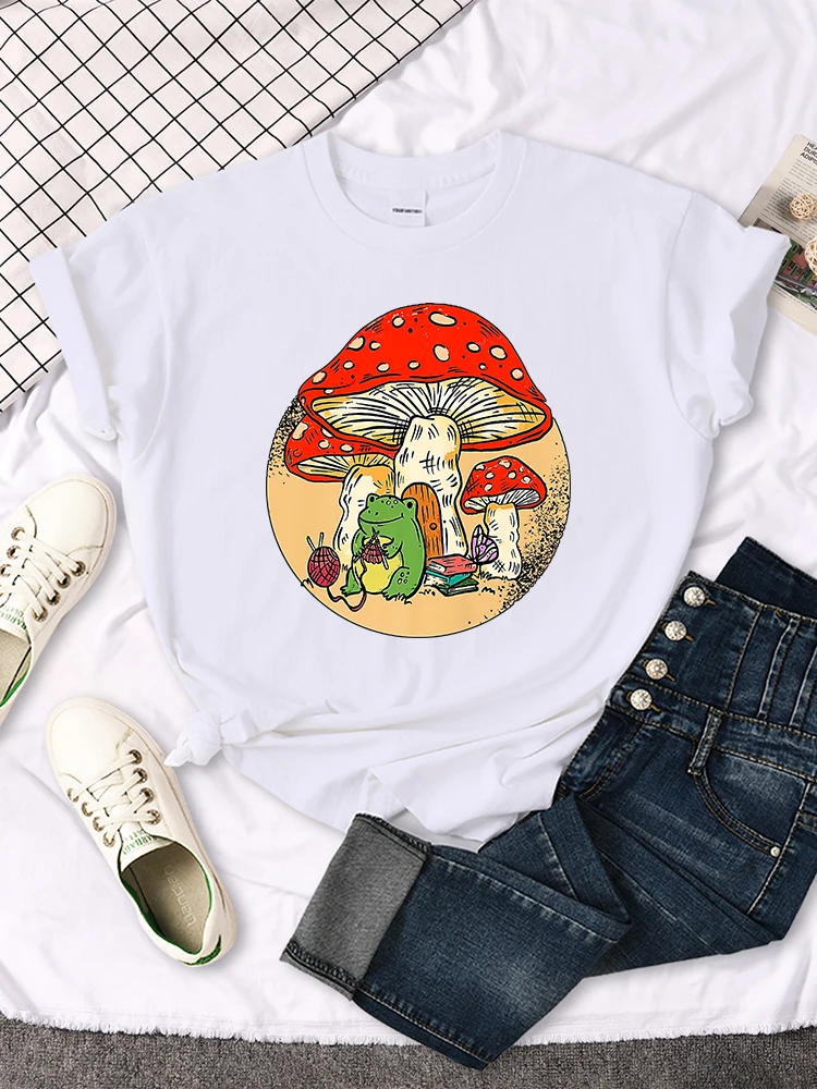 Cute Cottagecore Aesthetic Frog Kinting Mushroom T-Shirt Women Summer Soft T Shirts Breathable Short Sleeve Sport Casual T Shirt