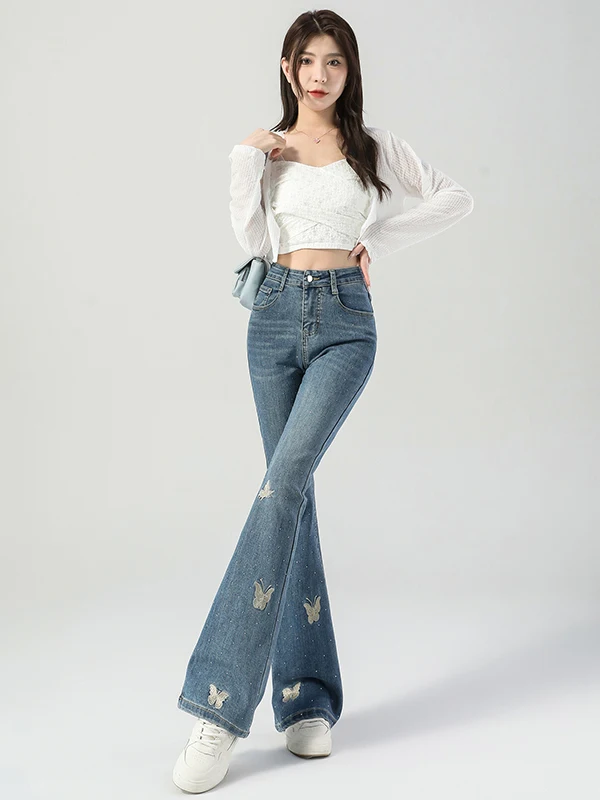Elegant High Waist Embroidered  Rhinestone Denim Jeans Women's Micro Flare Pants Cotton Polyester Spandex Blend
