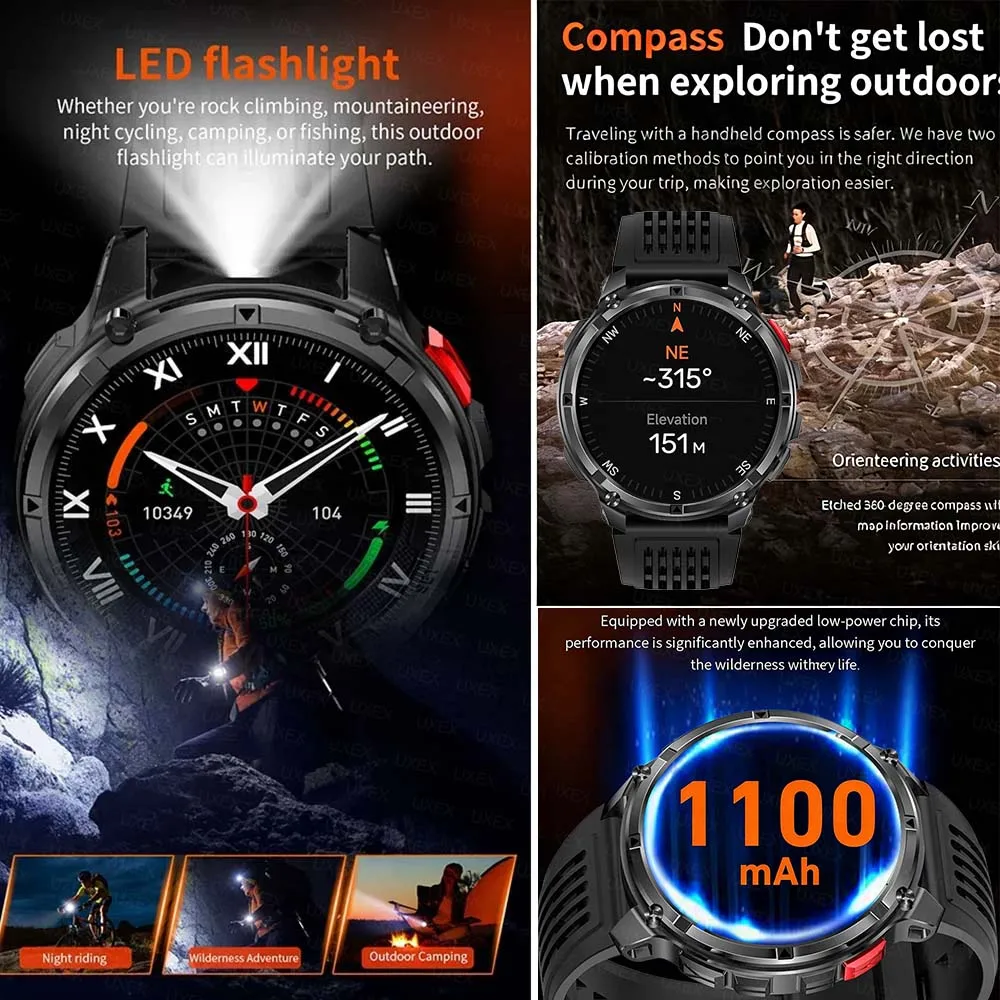 New 1100mAh Battery Smart Watch GPS Track Compass IP68 Waterproof Compass Elevation Sport Tracker Outdoors Smartwatches Military