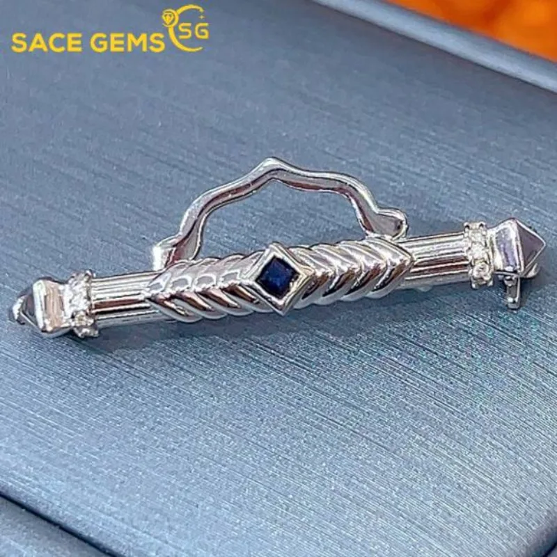

SACE GEMS New 925 Sterling Silver 2.5MM Natural Sapphire Gemstone Brooch for Women Engagement Cocktail Party Fine Jewelry Gift