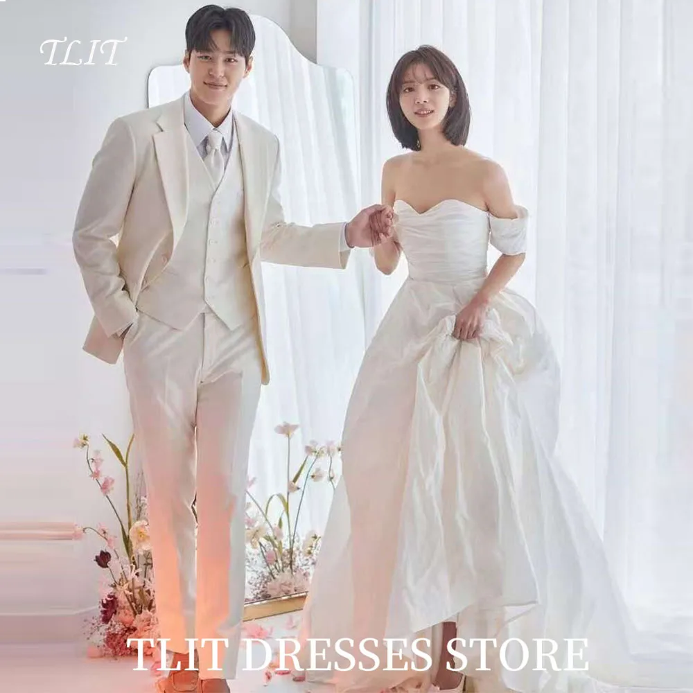 

TLIT Elegant White A-Line Wedding Dress Off the Shoulder Prom Gowns Korea Bridal Dress Photos Shoot Customized Sweep Train Gowns