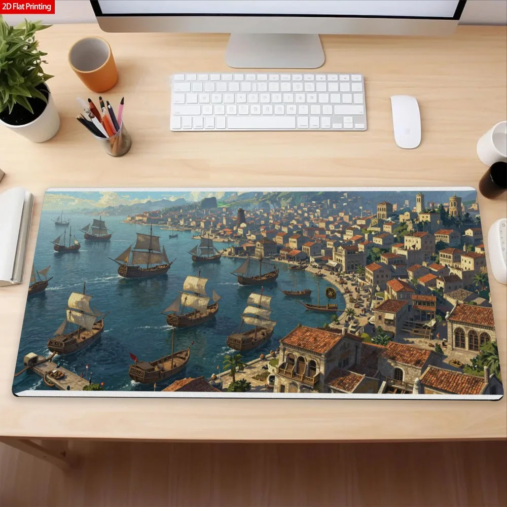 Mouse pad featuring scenic coastal harbor, with sailboats and Mediterranean towns. Anti-slip rubber bottom. decoration