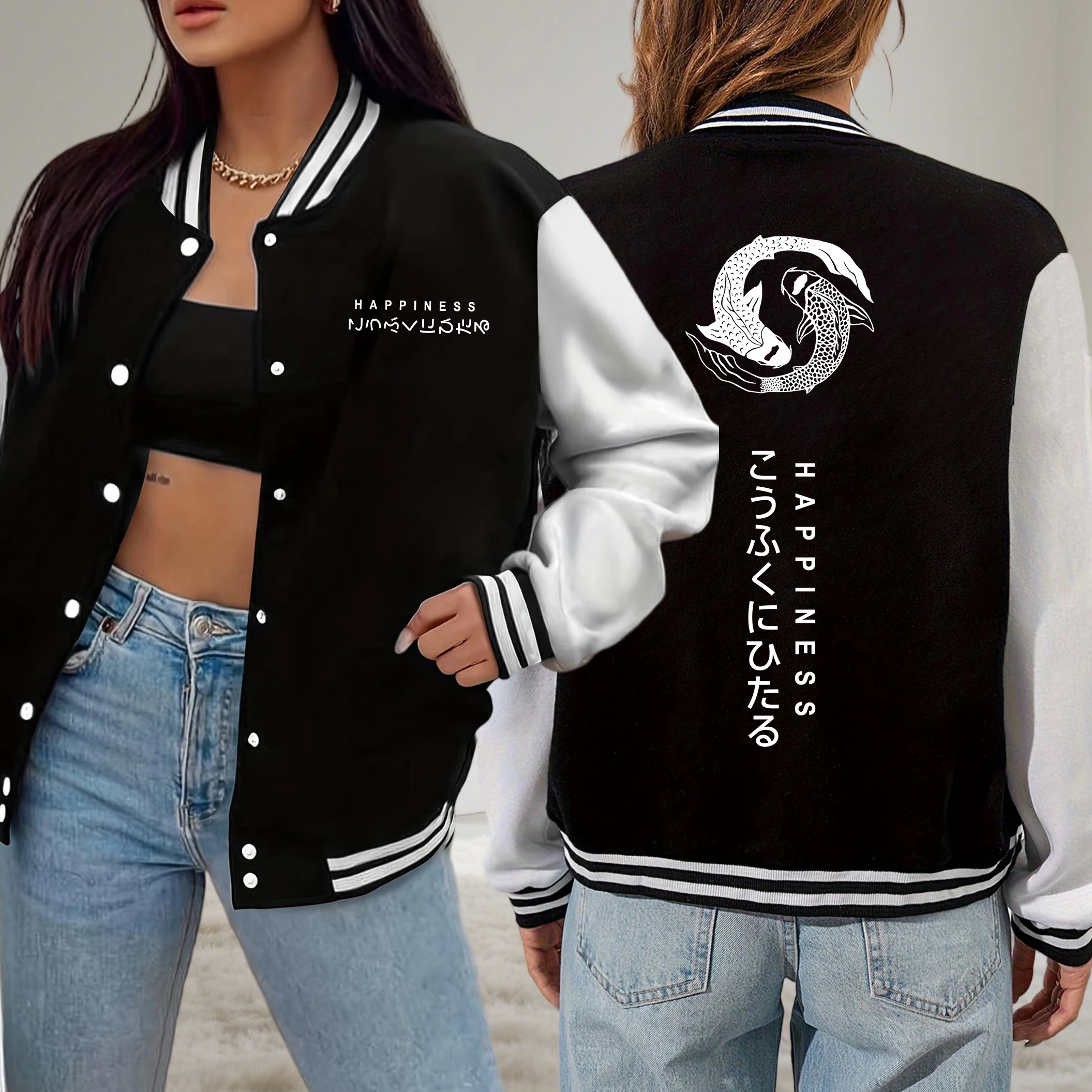 

Два Koi Carps Of Happiness Дизайнерская бейсбольная форма Женская мягкая свободная майка Осенняя повседневная уличная одежда Флисовые женские куртки в стиле хип-хоп