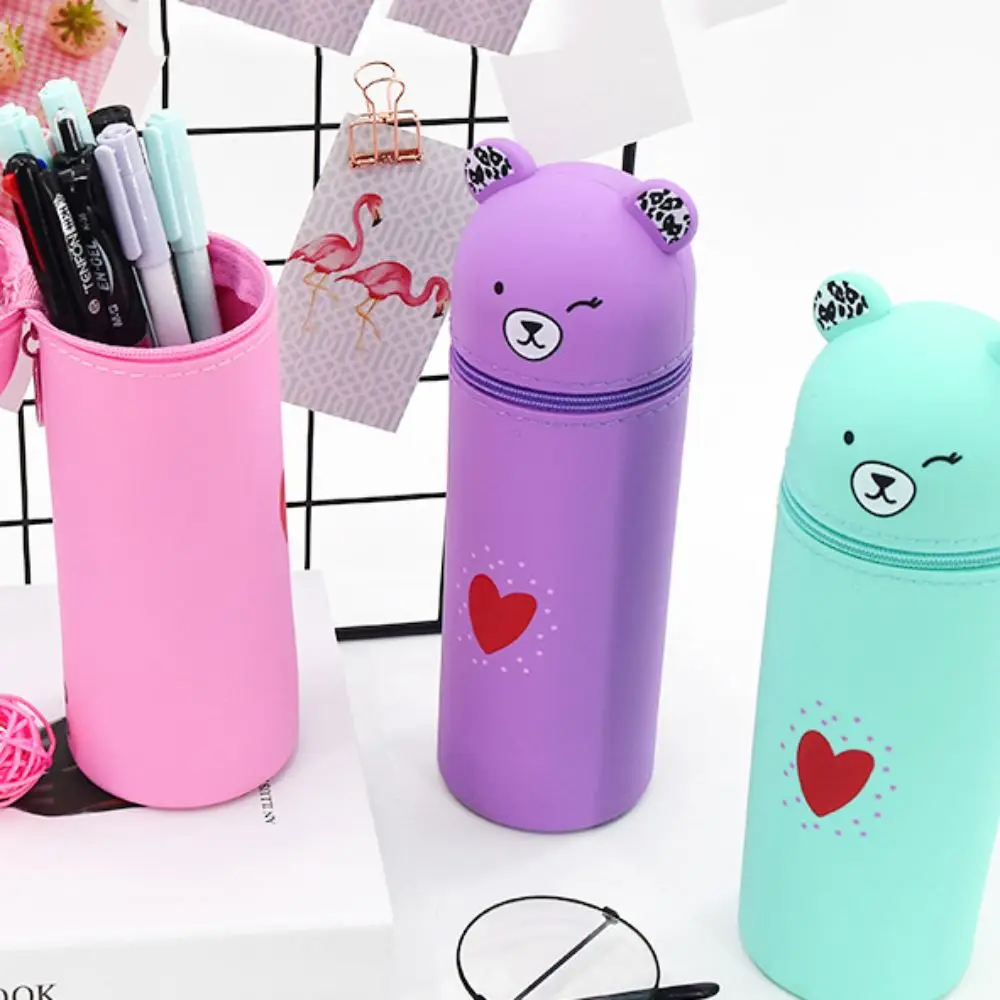 INS Silicone Cartoon Bear Pencil Case Soft Retractable Pencil Pouch Creative Stand Up Stationery Box Student