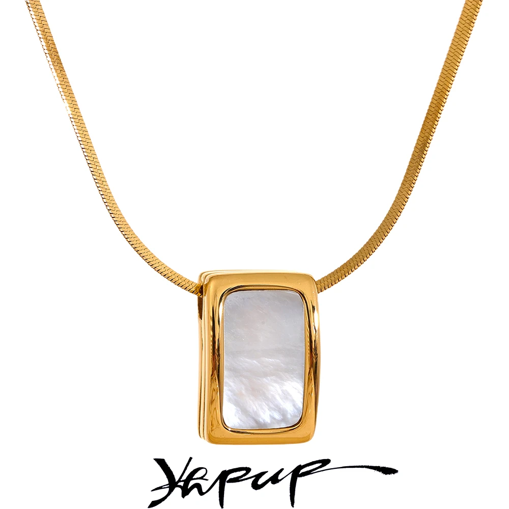 Yhpup Natural Shell Square Thicker Pendant Stainless Steel Fashion Necklace Unisex High Quality Golden Chain Jewelry Men Women