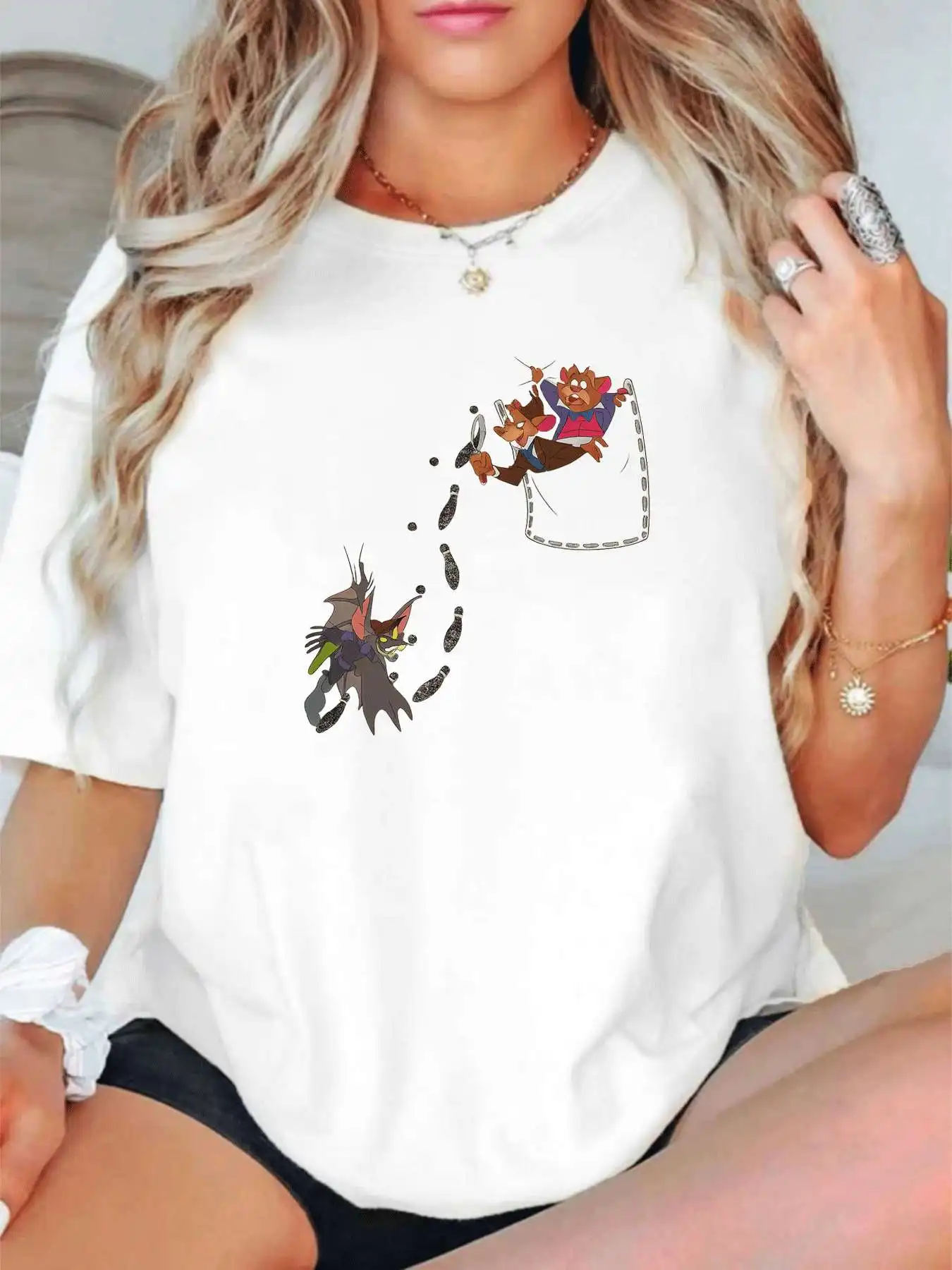 

【1142611】 Женская футболка больших размеров с круглым вырезом и короткими рукавами, эластичными половинными рукавами и модными принтами