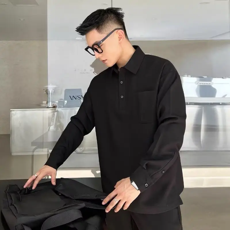 Men's Autumn Premium No-Iron Shirt Casual Versatile Loose Business POLO Shirt Hem Slit Long Sleeve Pullover