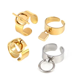 Stainless Steel Rings Women Gold Color Wide Ring with Circle Punk Round Geometric Open Finger Chain Rings Wholesale Jewelry