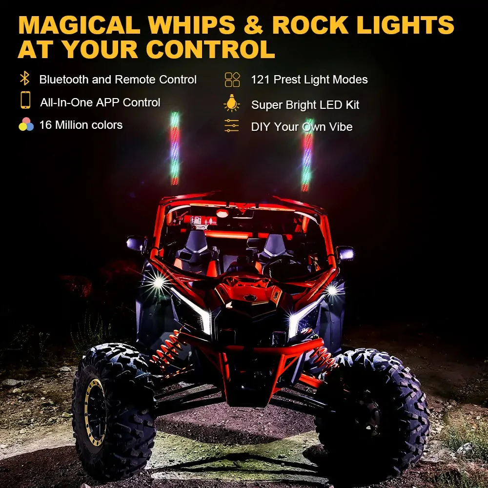 2 قطعة 1FT LED أضواء السوط ، بلوتوث/APP التحكم عن بعد سارية العلم هوائي السياط ل UTV ATV على الطرق الوعرة شاحنة الرمال عربات التي تجرها الدواب الكثبان الرملية RZR
