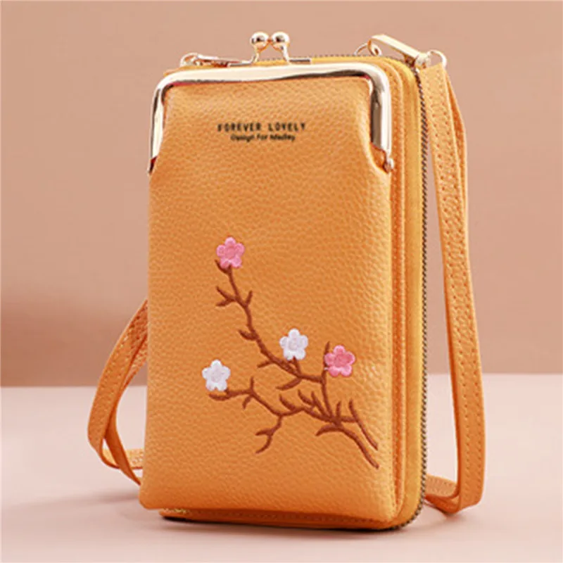 2024 Embroidery Mobile Phone Bags Women Fashion Shoulder Bag Female Mini Crossbody Messenger Bags PU Leather Clutch Wallet Pouch