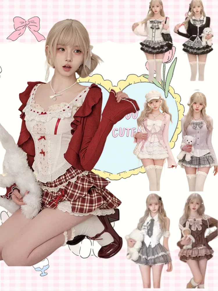 Japońskie zestawy Kawaii 3-częściowe Lolita Y2k Kardigan Płaszcze + Mini Spódniczki + Gorset Kamizelka Amerykańskie Garnitury Vintage Jesień Nawet Party Chic