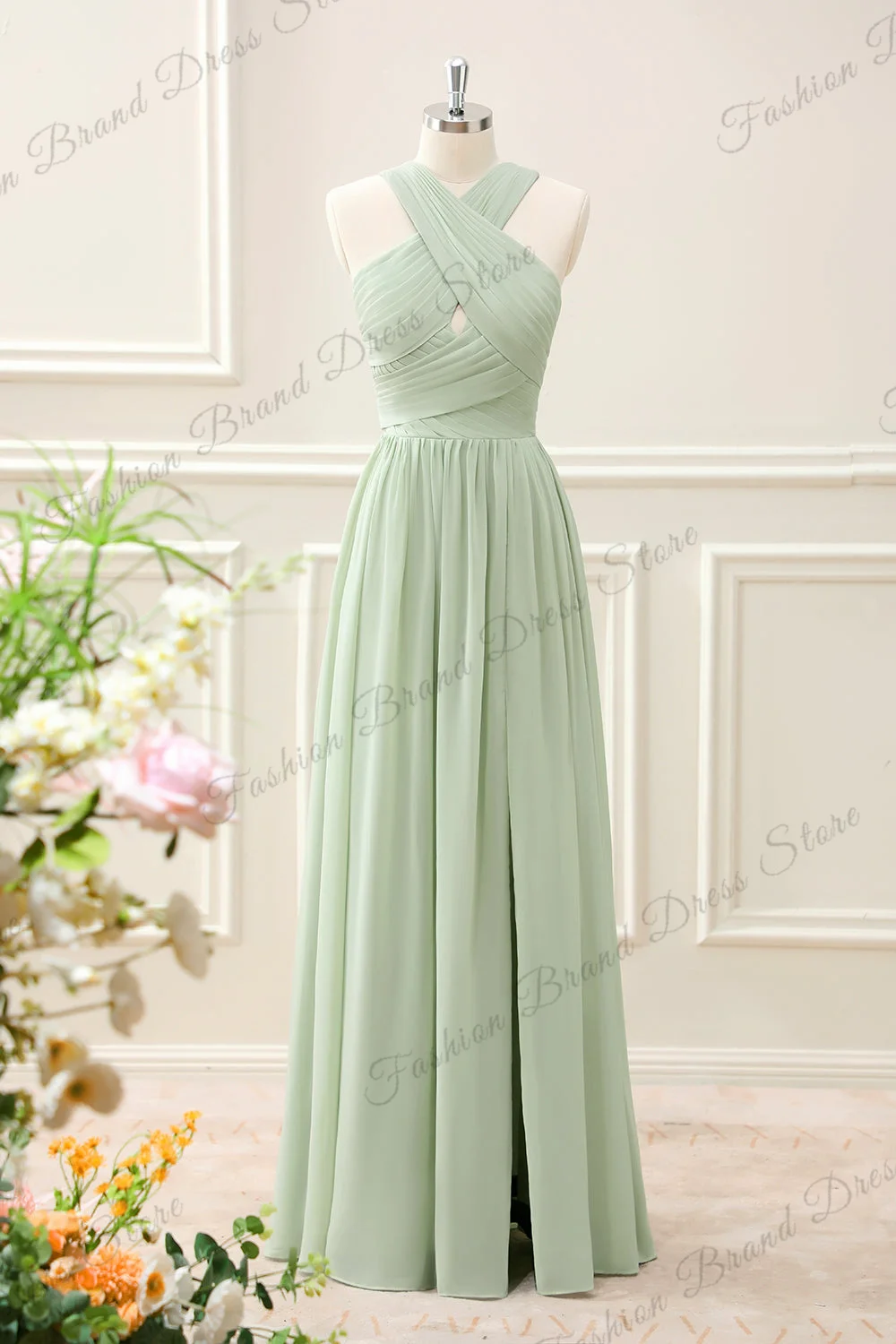 

Chiffon Crisscross Neck Pleated Corset Bridesmaid Dresses With Split Sleeveless Prom Gowns Backless A-line Long Evening Gowns