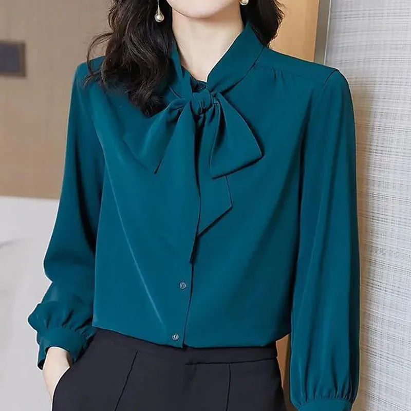 Office Lady Thin Solid Colour O-Neck Bow Chiffon Spring Summer Straight Single Breasted Women Shirt Lantern Sleeve Bandage Loose