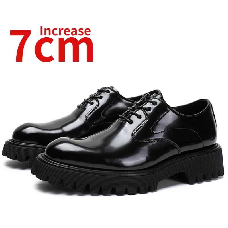 British Men's Dress Shoes Thick Soles Increased 7cm Business Casual Derby Elevated Oxford Shoes Genuine Leather Wedding Shoe Man