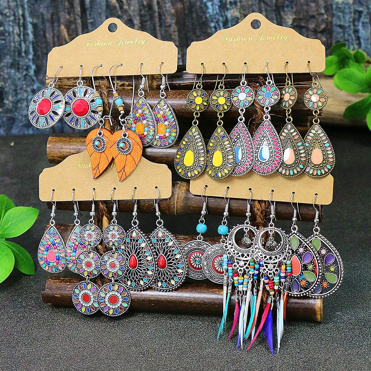 Vintage Bohemian Enamle Water Drop Earrings Set for Women Fashion Ethnic Rice Bead Feather Earring Female Party Wedding Jewelry